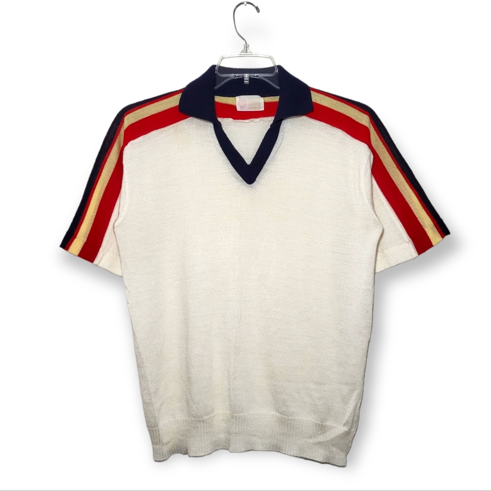 Vintage Sears Kings Road V-neck Collared Knit Striped Shirt White Red Blue Gold